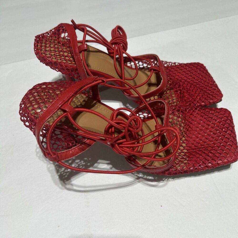Women's Red Mesh Lace Up Heels Size 10 EU 41 Square Toe Strappy 3" Stiletto - Picture 3 of 8